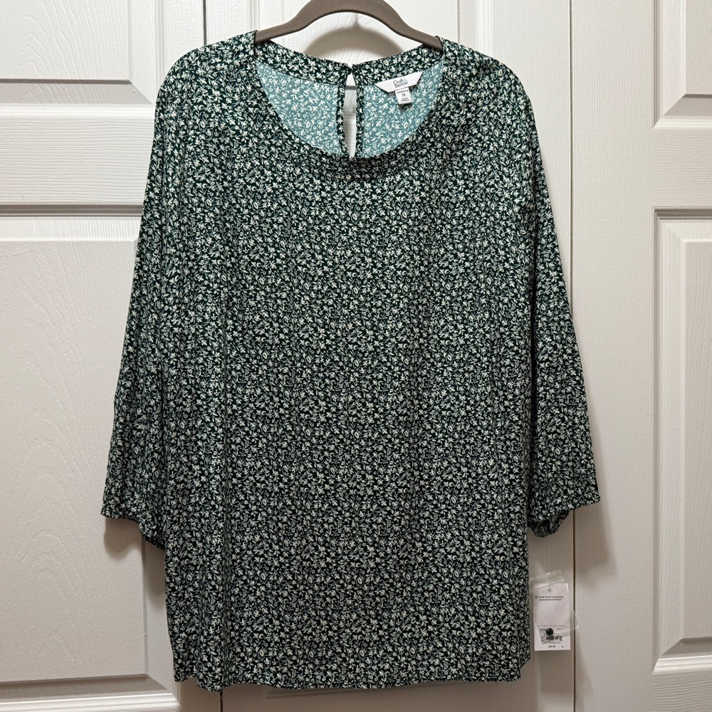 1x Women’s Plus Croft & Barrow Green & Cream Floral Blouse, 3/4 Sleeve, Nwt